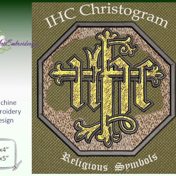 IHC Christogram - Diseño de parche de bordado a máquina de una serie de símbolos religiosos de vidrieras en dos tamaños para aro 4x4 y 5x7"