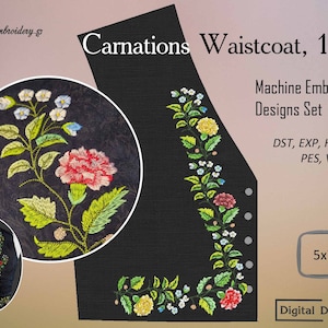 Victorian Carnations Machine Embroidery Designs: 19th Century Waistcoat, 5x7 6x10 Hoop (Digital File)