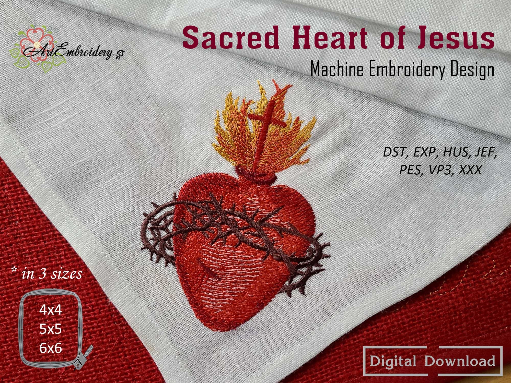 Diseño de bordado del Sagrado Corazón de Jesús: Arte religioso cristiano  (archivo digital) - Etsy México