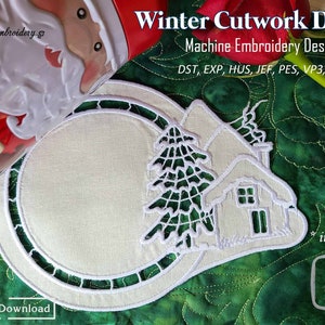 Winter Cutwork Doily - Machine Embroidery In-the-Hoop (ITH) Lace Design in 2 sizes for hoop 6x8" and 6x10"