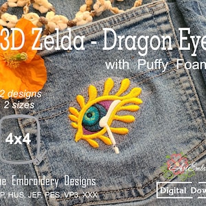 May include: Embroidered patch featuring a colorful dragon eye design with yellow, blue, and white accents. The text "3D Zelda - Dragon Eye with Puffy Foam" is displayed above the design. The patch is 4x4 inches.