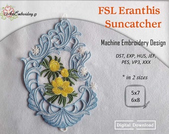 FSL Eranthis o Winter Aconite Suncatcher - Diseño de encaje independiente de bordado de máquina de proyecto ITH en 2 tamaños para aro 5x7" y 6x8"