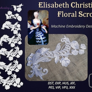 May include: A set of 6 machine embroidery designs featuring floral scrolls in white. The designs are up to 6 inches by 10 inches and are available in DST, EXP, HUS, JEF, PES, VIP, VP3, and XXX formats.