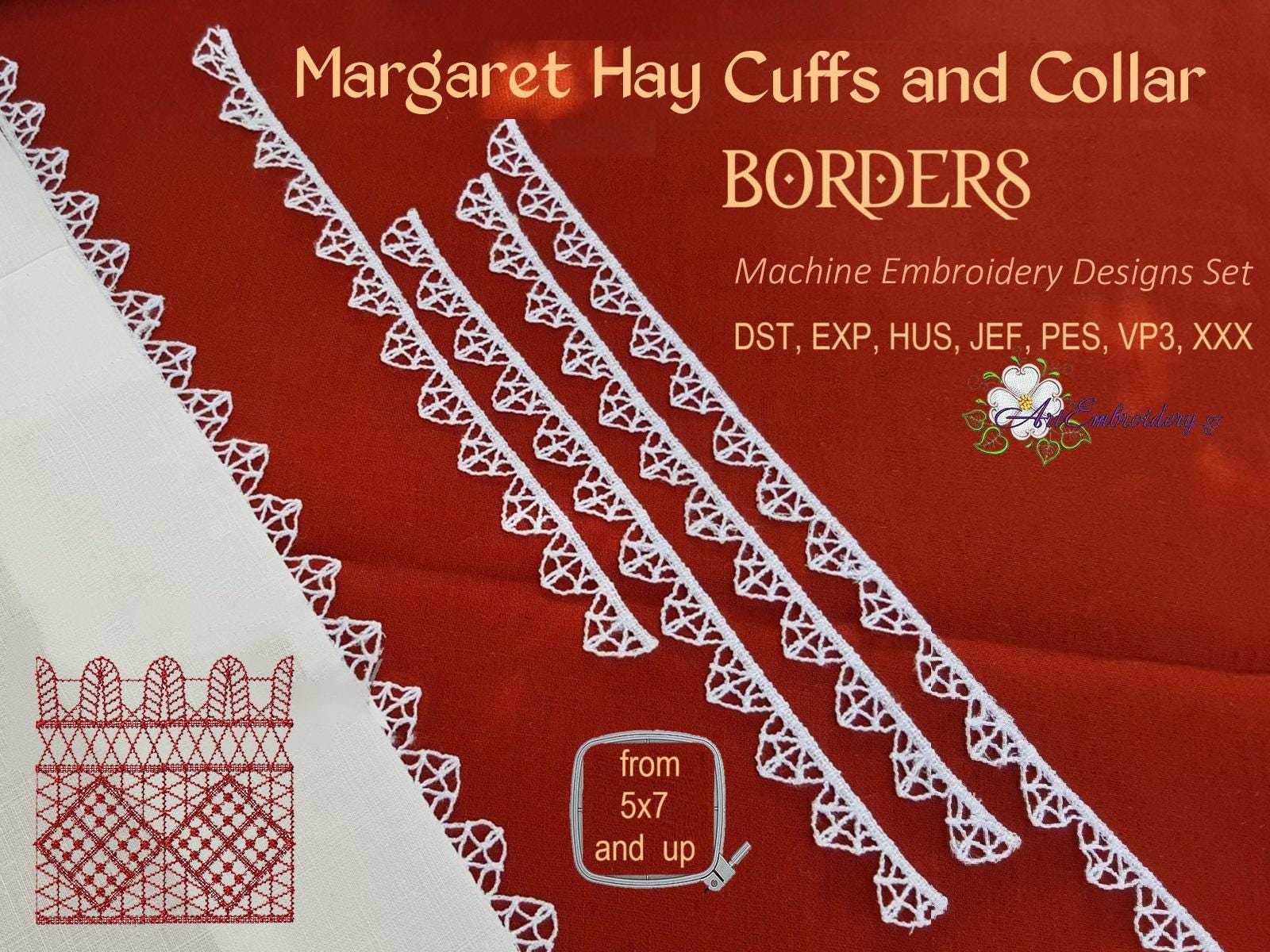 Margaret Hay Lace Embroidery Designs: Cuff & Collar Borders (5x7