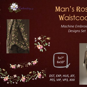 Puede incluir: Un conjunto de diseños de bordado a máquina para un chaleco, con patrones florales de rosas rosas y blancas, hojas verdes y detalles dorados. Se muestra el texto "Man's Roses Waistcoat", junto con los tamaños de bastidor de bordado 12.7cm x 17.8cm y 15.2cm x 25.4cm.