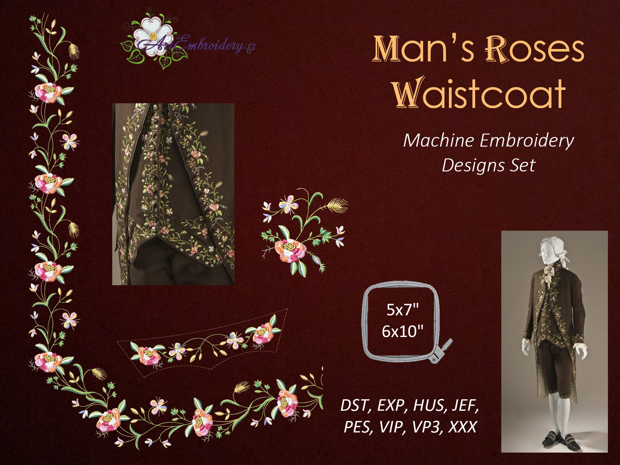 Roses Waistcoat Machine Embroidery Designs: 18th Century Costume (6x10" Hoop)
