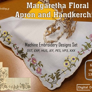 Margaretha Floral Embroidery Designs: Apron & Handkerchief (Digital File)
