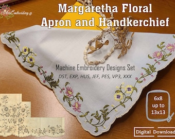 Margaretha Floral Embroidery Designs: Apron & Handkerchief (Digital File)