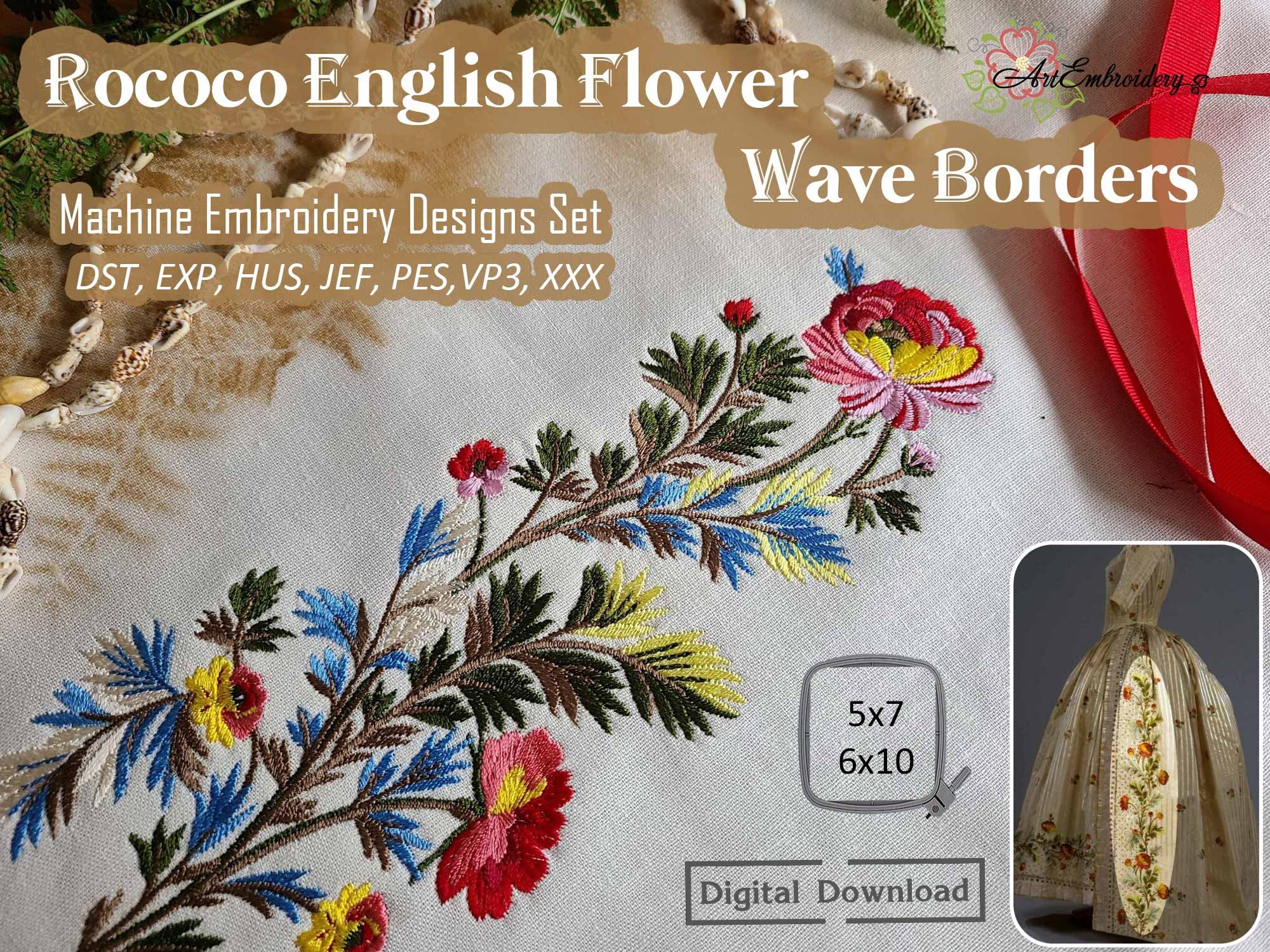 Rococo Flower Embroidery Designs: 18th Century Wave Borders