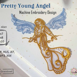 FSL Pretty Young Angel – Bordado à máquina ITH Lace Project Design em 4 tamanhos para bastidor 5x7", 6x8", 8x10"