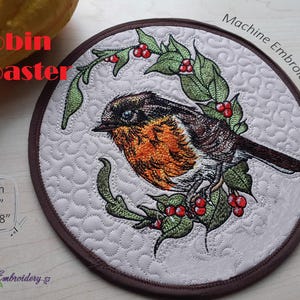 European Christmas Robin Red Breast Bird single design in 2 sizes and Coasters - Machine Embroidery Designs Set for hoops 5x7 and up to 8x8&quot;