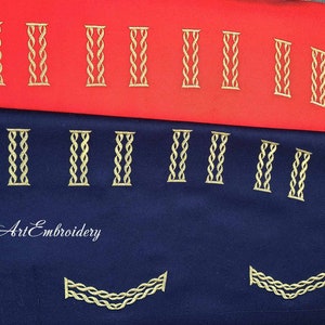 May include: Two fabric swatches with gold embroidery designs. The top swatch is red and the bottom swatch is navy blue. The designs are of a series of vertical columns and a curved arch.