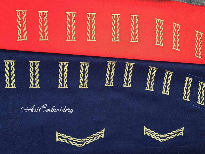 May include: Two fabric swatches with gold embroidery designs. The top swatch is red and the bottom swatch is navy blue. The designs are of a series of vertical columns and a curved arch.