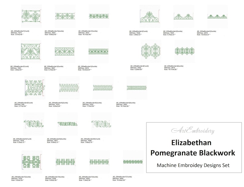 Elizabethan Pomegranate 7 Blackwork motifs in 1-4 units border Machine Embroidery Designs Set mixed sizes for hoop up to 6x10