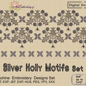 Silver Holly Blackwork Motifs - Machine Embroidery Historical 16th Century Designs Set for hoop from 4x4&quot; and up.
