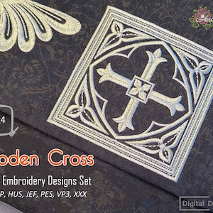 May include: A close-up of a silver embroidered wooden cross design on a dark grey fabric. The design is 4x4 inches and is part of a machine embroidery design set. The set includes the following file formats: DST, EXP, HUS, JEF, PES, VP3, XXX.
