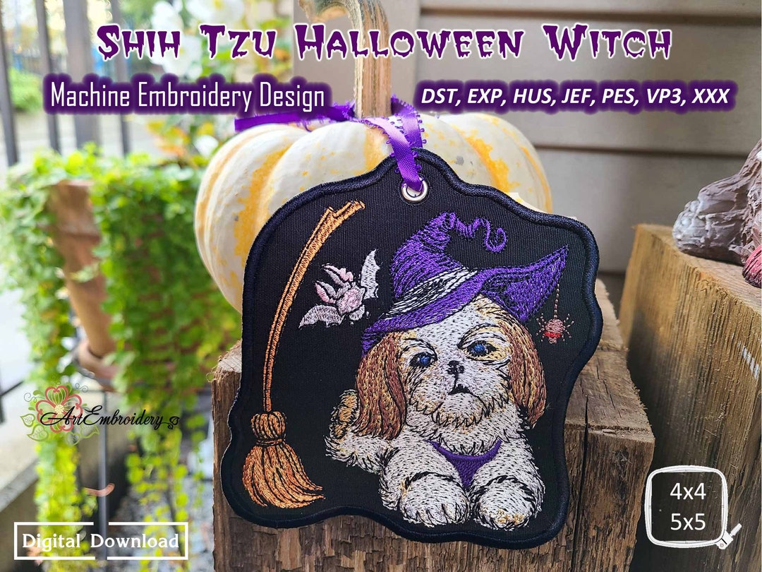 Shih Tzu Witch Machine Embroidery Design: Halloween Dog (4x4 & 5x5 ...