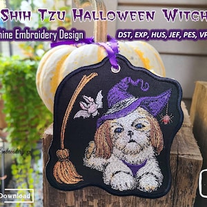 May include: Machine embroidery design of a Shih Tzu dog dressed as a witch with a purple hat, broom, and bat. The design is available in 4x4 and 5x5 inch sizes.  The design is available in DST, EXP, HUS, JEF, PES, VP3, and XXX formats.