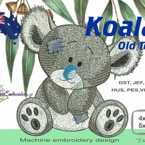 May include: Machine embroidery design of a gray koala bear with blue eyes, sitting on a green background. The design is available in two sizes: 4x4 inches and 5x5 inches. The design is called "Koala Old Toy".