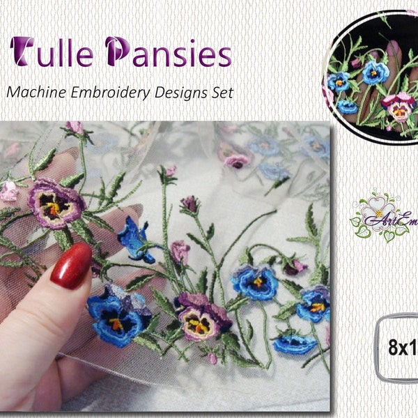 Tulle Pansies -  Machine Embroidery Floral  Designs Set for women wearable items and other projects mixed sizes up to hoop  8x12"