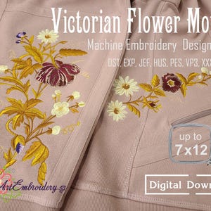 ビクトリア朝の花のモチーフ。4 つの花の機械刺繍デザイン セット。最大 8 x 12 インチのフープまでのサイズをミックスします。