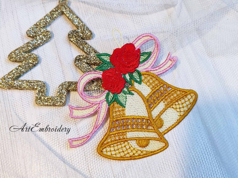 FSL Roses and Bow Bell: Machine Embroidery Lace Ornament (digital ...