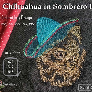 Chihuahua in Sombrero Hat - Machine Embroidery Outline Dog Design in 3 sizes for hoop 4x5", 5x7" and 6x8"