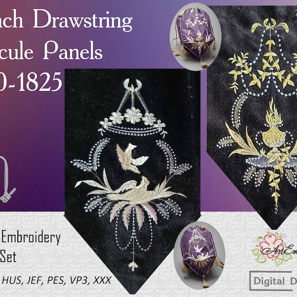 French Drawstring Reticule Panels, 1800-1825 - Machine Embroidery Historical Designs Set for hoop 6x10"