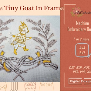 Cute Tiny Goat In Frame - Machine Embroidery Dreamlike Fairytale Animal  and Open  Wreath Design in 2 sizes for hoop 4x4" and  5x7"