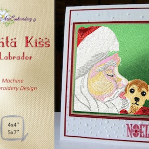 May include: Embroidered Christmas card featuring Santa Claus kissing a Labrador puppy. The card has a white background with a red border and the word "NOEL". The design is a machine embroidery design.