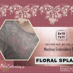 May include: A digital embroidery design featuring a floral motif in a pink and white color scheme. The design is shown stitched on a gray fabric. The design is available in multiple formats, including DST, EXP, HUS, JEF, PES, VP3, and XXX. The design is 6x10 inches or 7x11 inches. The design is called "Floral Splash".