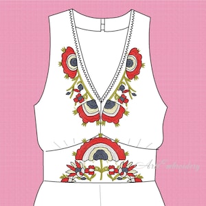 Pode incluir: Top branco sem mangas com decote em V e bordado floral em vermelho, verde e azul. O bordado está no decote e na cintura.