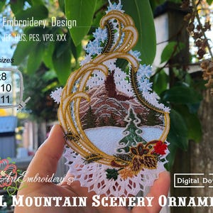FSL Berglandschaft Ornament- Maschinenstickerei ITH Weihnachtsspitze Projekt Design in 3 Größen für Rahmen 15x20cm, 16x26cm und 18x28cm