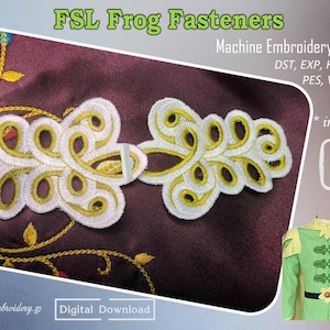 May include: White and yellow embroidered frog fasteners in three sizes: 4x4 inches, 5x5 inches. Machine embroidery design files are available in DST, EXP, HUS, JEF, PES, VP3, and XXX formats.  * in 3 sizes 4x4 5x5