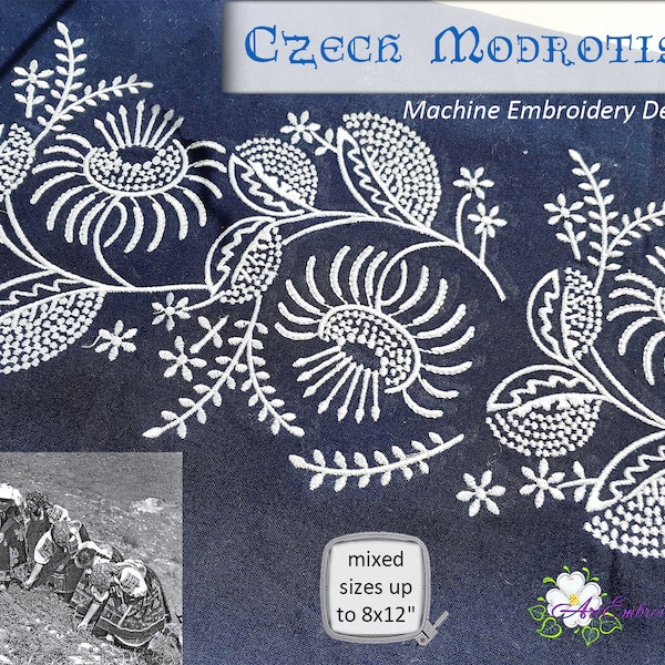 Tschechische Modrotisk Blumen Bordüre - Maschinenstickdatei (20x30 cm)