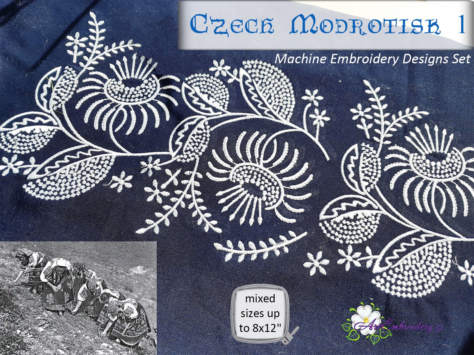Czech Modrotisk Floral Border - Machine Embroidery Designs (8x12