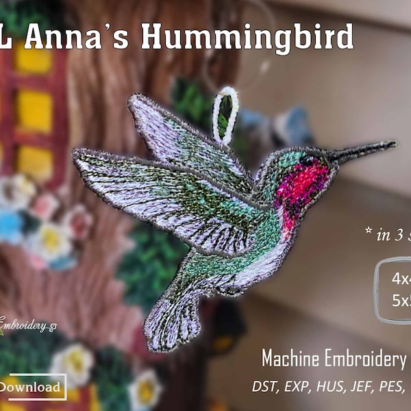 FSL Anna’s Hummingbird - ITH Project Machine Embroidery Free Standing Lace Bird  with/ without  loop Design in 3 sizes for hoop 4x4", 5x5"