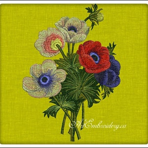 Anemones Bouquet and Single flowers - Embroidery Designs Set.