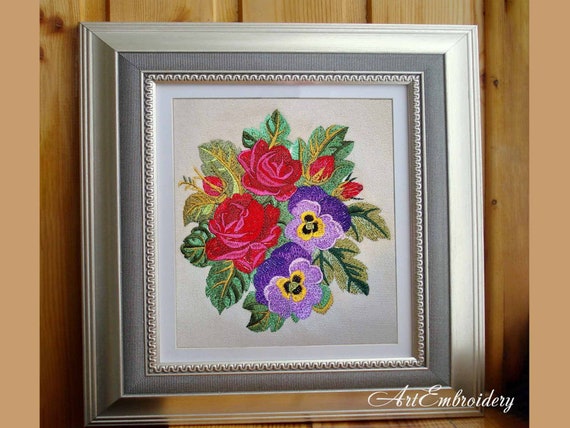 Vintage Roses and Pansies Machine Embroidery Design (digital
