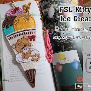 FSL Kitty's Ice Cream – machineborduurwerk ITH-kantprojectontwerp voor kinderen in 2 maten voor hoepel: 6 x 8" en 6 x 10"