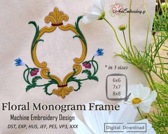 Floral Monogram Frame: Machine Embroidery Design (Digital Download)