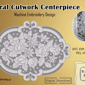 Floral Cutwork Centerpiece - Machine  Richelieu Lace Embroidery Design in 2 sizes split for hoop 8x12" and 9,5x14".