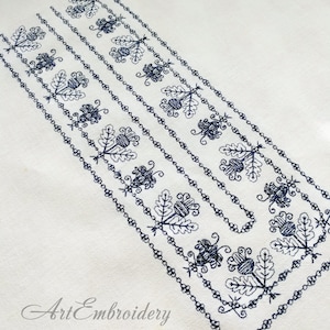 May include: Black embroidery on white fabric with a repeating pattern of leaves and flowers. The text "Art Embroidery" is at the bottom of the image.