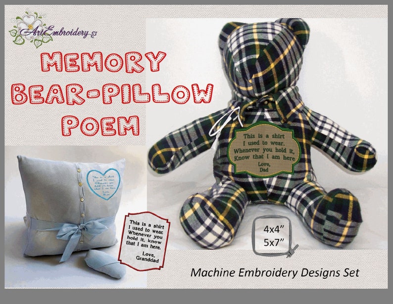 Memory Bear Pillow Poem Machine Embroidery Designs Set for Etsy
