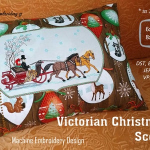May include: Machine embroidery design of a Victorian Christmas scene with a couple riding in a horse-drawn sleigh. The design is available in two sizes: 6x10 inches and 8x12 inches. The design is available in the following formats: DST, EXP, HUS, JEF, PES, VP3, XXX.