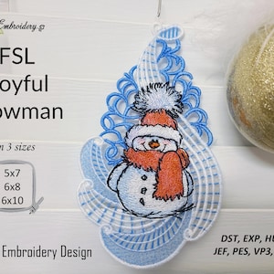 May include: A blue and white FSL machine embroidery design of a joyful snowman with a red scarf and a white hat. The design is available in three sizes: 5x7, 6x8, and 6x10 inches. The design is for use with embroidery machines and comes in the following formats: DST, EXP, HUS, JEF, PES, VP3, and XXX.