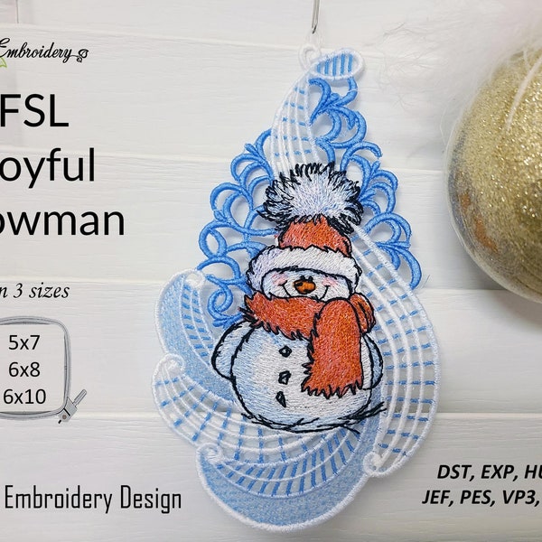 FSL Joyful Snowman - Machine Embroidery Lace ITH project Design in 3 sizes for hoop 5x7", 6x8" and 6x10"