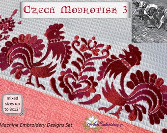 Czech Modrotisk Folk  Set 3 - Machine Embroidery Roosters and Flowers Designs for mixed sizes up to  hoop to 8x12"