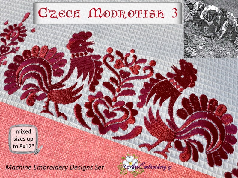 Czech Modrotisk Folk Set 3 Machine Embroidery Roosters and Flowers Designs for mixed sizes up to hoop to 8x12 image 1