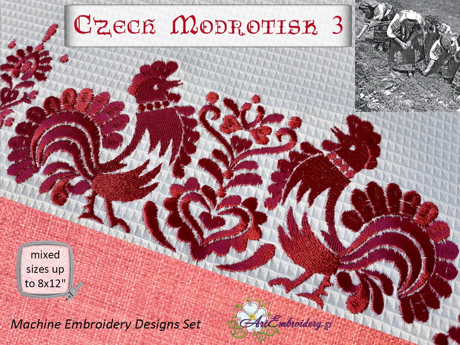 アンティーク中国製　刺繍の鳥と花のアート作品　2種類セット チェコのモドロティスク刺繍デザイン：民族の雄鶏と花（最大8x12インチ